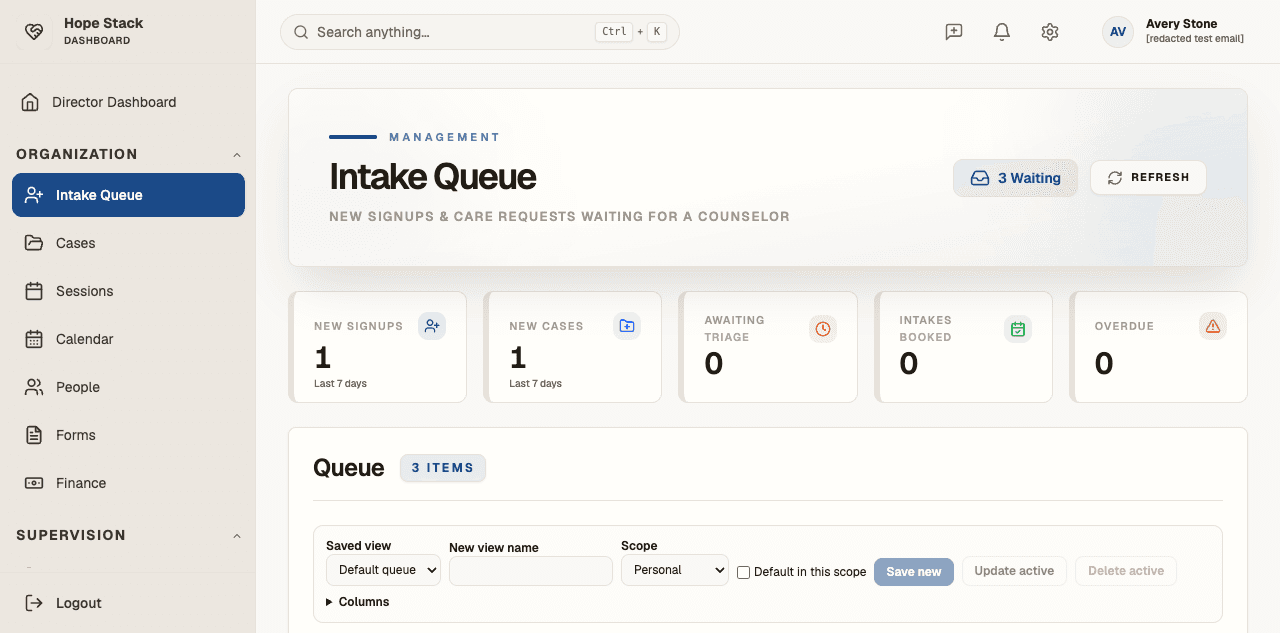 HopeStack intake queue showing synthetic and redacted test-center data